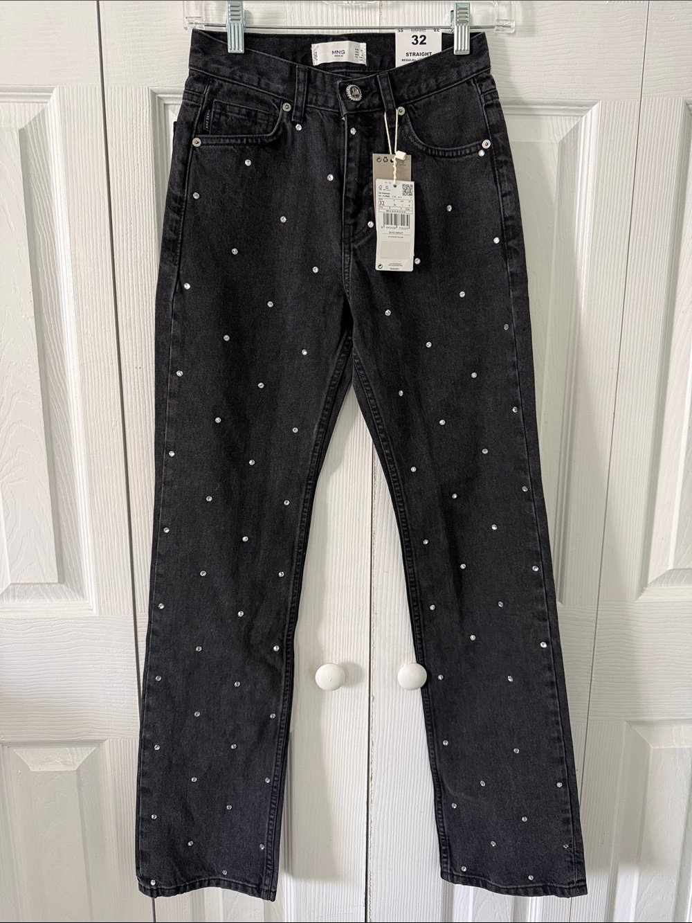Mango Black Straight-Leg Jeans with Crystals Studs Mid Waist Sz 1